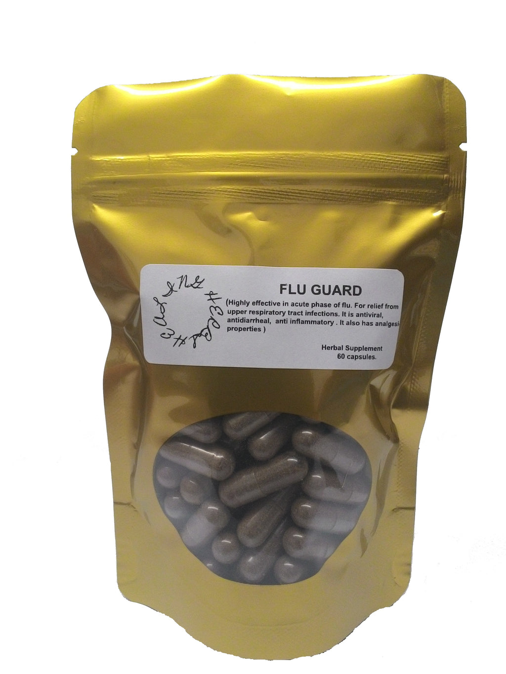 this is the front image of "FLU GUARD" it is highly effective in acute phase of flu, it is antiviral,anti inflammatory,has analgesic properties